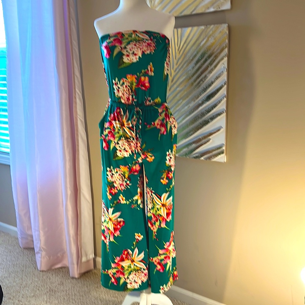 Express Green Floral Jumpsuit Wide Leg Size XXS